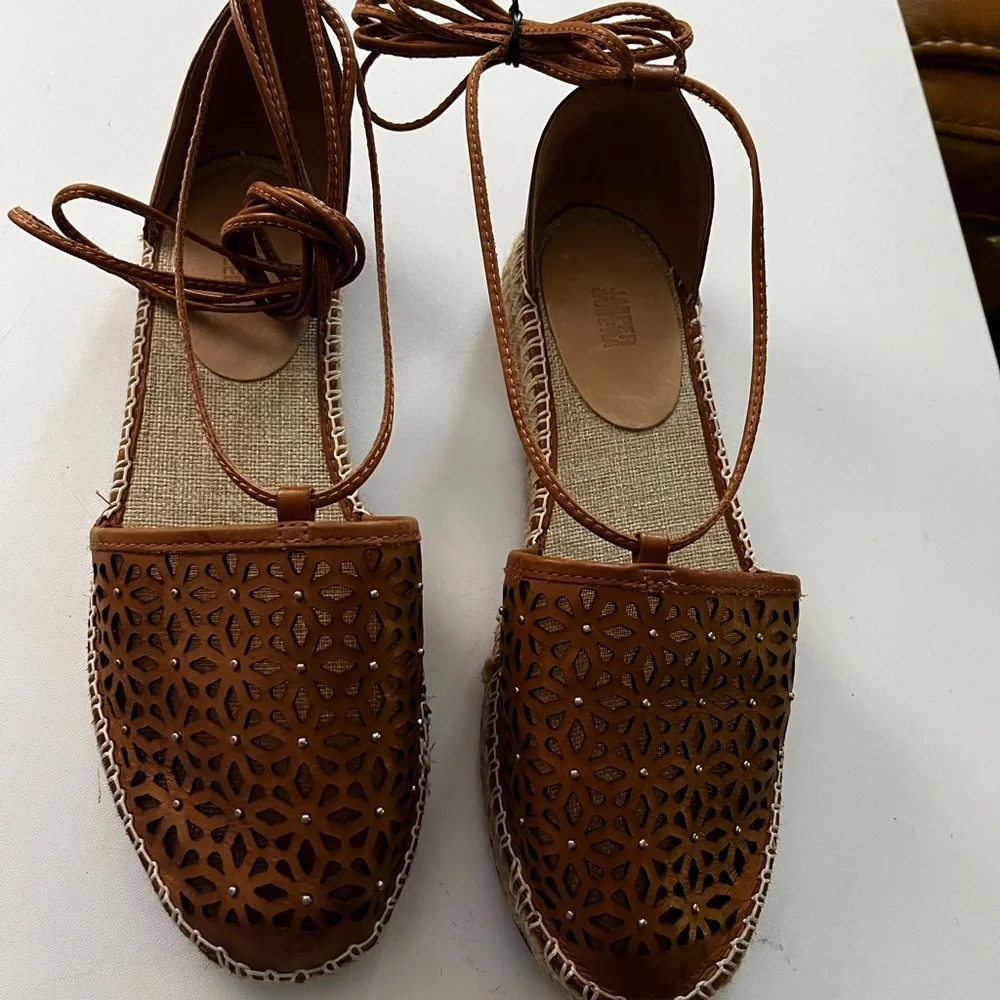 Anthropologie size 8 Brown Leather Laser-Cut Espadrille Ankle-Tie Sandals - Picture 5 of 7